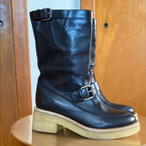 Tamara Mellon Black Combat & Moto Boots Buckle Strap Chunky Sole - 10 - Picture 1 of 14